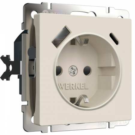 WERKEL Розетка с заземлением, шторками и USB тип A+C (айвори матовый) W1171762