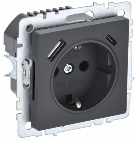 IEK BRITE BASE Графит Розетка с з/к/ш 16А с USB A+C 18Вт РЮш11-1-БрГ