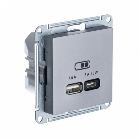 SE AtlasDesign Сталь USB Розетка A + тип-C 45W высокоскор.заряд. QC, PD, мех.