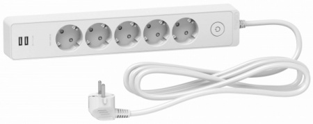 SE Unica Extend Бел Удлинитель 5 розеток 2К+З, кабель 3м, 2 USB