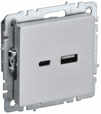 IEK BRITE BASE Алюминий Розетка USB A+C 18Вт РЮ11-1-БрА