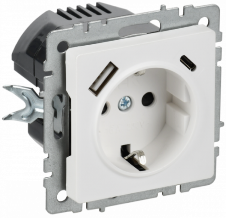 BRITE Арктический белый Розетка 1-местная с/з с защ штор 16А с USB A+C 18Вт РЮш11-1-БрАБ