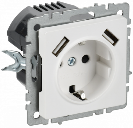 BRITE Арктический белый Розетка 1-местная с/з с защ штор 16А с USB A+A 5В 3,1А РЮш10-2-БрАБ