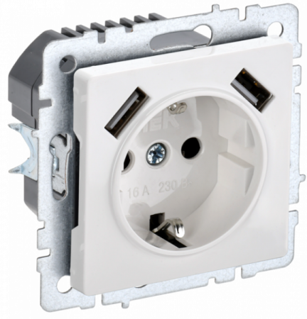 IEK BRITE BASE Белый Розетка с з/к/ш 16А с USB A+A 3,1А РЮш10-2-БрБ