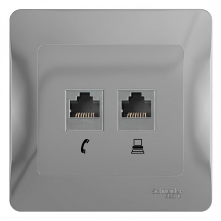 SE Glossa Алюминий Розетка 2-я RJ11+RJ45, кат.5E