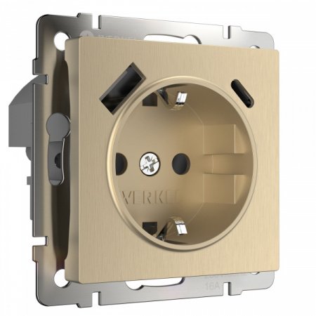 WERKEL Розетка с заземлением, шторками и USB тип A+C (шампань рифленый) W1171710