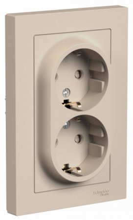 SE AtlasDesign Песочный Розетка двойная с/з со шторками, 16А, в сборе