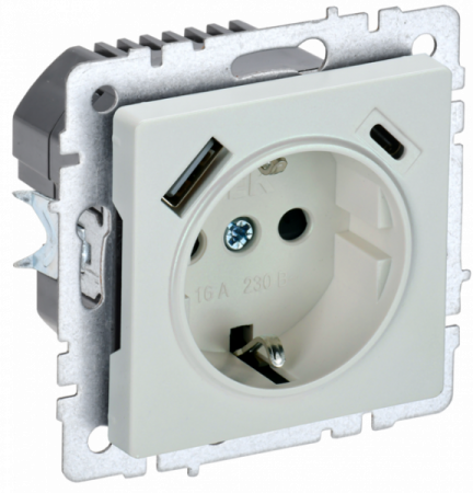 IEK BRITE BASE Жемчуг Розетка с з/к/ш 16А с USB A+C 18Вт РЮш11-1-БрЖ