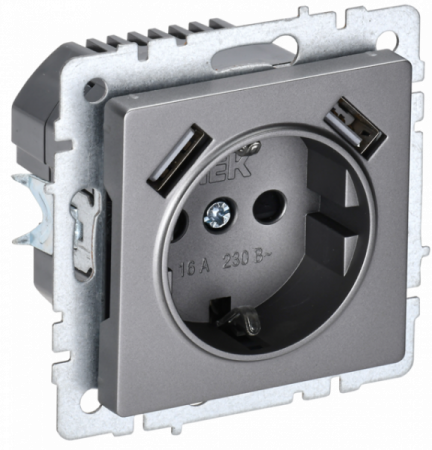 IEK BRITE BASE Сталь Розетка с з/к/ш 16А с USB A+A 2,1А РЮш10-1-БрС