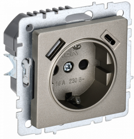 IEK BRITE BASE Шампань Розетка с з/к/ш 16А с USB A+C 18Вт РЮш11-1-БрШ