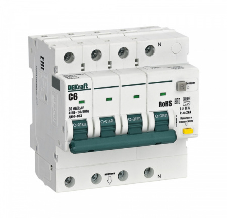 DEKraft АВДТ 3P+N 6А 30мА AC х-ка C ДИФ-103 6кА