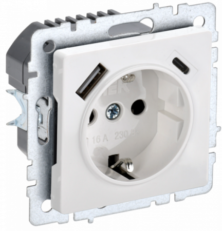 IEK BRITE BASE Белый Розетка с з/к/ш 16А с USB A+C 18Вт РЮш11-1-БрБ