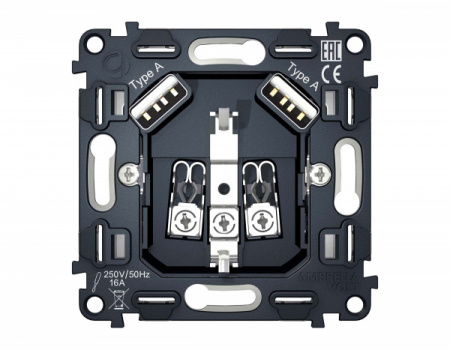AMBRELLA Механизм электр. роз. 2USB A+A 18W быстрая зарядка с/з на винт. зажимах QUANT