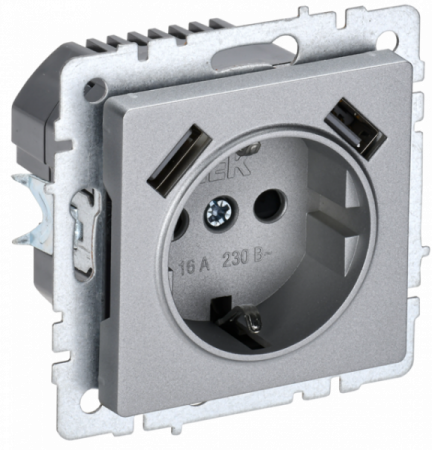 IEK BRITE BASE Алюминий Розетка с з/к/ш 16А с USB A+A 2,1А РЮш10-1-БрА