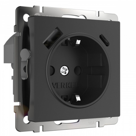 WERKEL Розетка с заземлением, шторками и USB тип A+C (черный матовый) W1171708