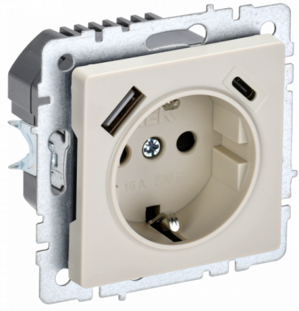 IEK BRITE BASE Бежевый Розетка с з/к/ш 16А с USB A+C 18Вт РЮш11-1-БрКр