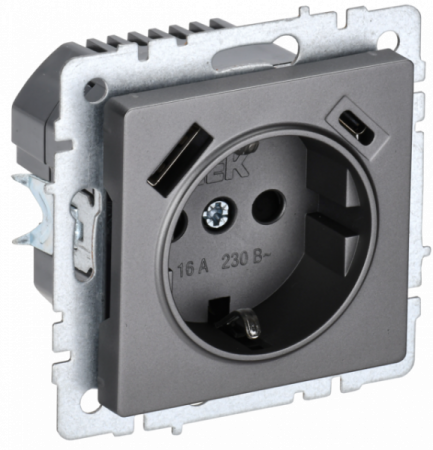 IEK BRITE BASE Сталь Розетка с з/к/ш 16А с USB A+C 18Вт РЮш11-1-БрС