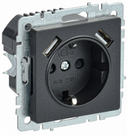 IEK BRITE BASE Черный Розетка с з/к/ш 16А с USB A+A 2,1А РЮш10-1-БрЧ