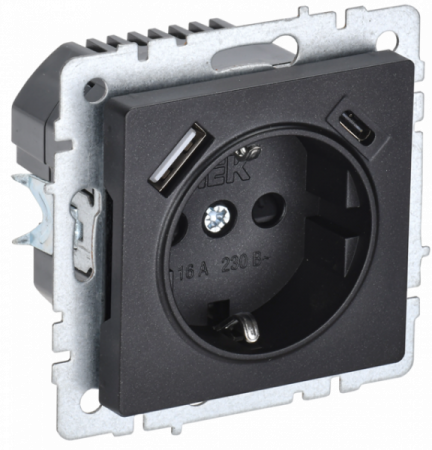 IEK BRITE BASE Черный Розетка с з/к/ш 16А с USB A+C 18Вт РЮш11-1-БрЧ