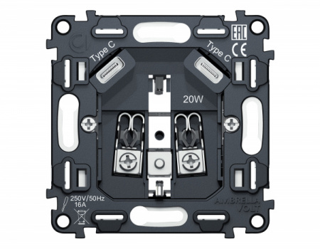 AMBRELLA Механизм роз. 2USB С+C 20W быстрая зар. с/з 16A-250V QUANT