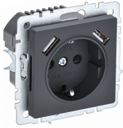 IEK BRITE BASE Графит Розетка с з/к/ш 16А с USB A+A 3,1А РЮш10-2-БрГ