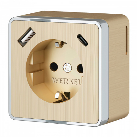 WERKEL Розетка с заземлением, шторками и USB тип A+C Gallant шампань рифленый W5071710