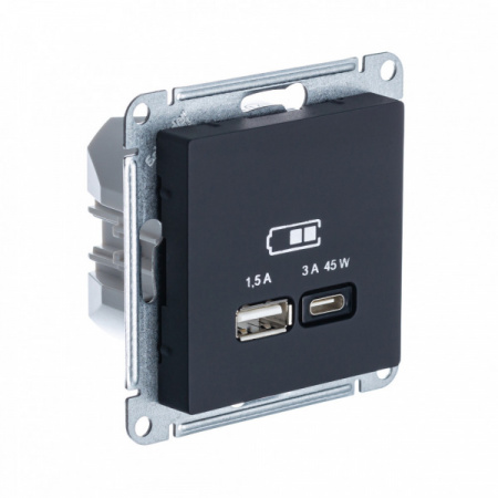 SE AtlasDesign Карбон USB Розетка A + тип-C 45W высокоскор.заряд. QC, PD, мех.