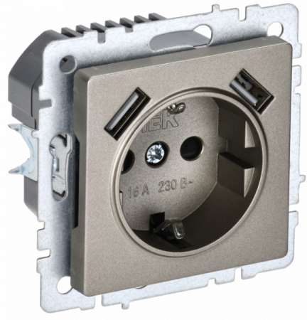 IEK BRITE BASE Шампань Розетка с з/к/ш 16А с USB A+A 3,1А РЮш10-2-БрШ
