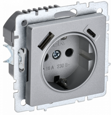 IEK BRITE BASE Алюминий Розетка с з/к/ш 16А с USB A+C 18Вт РЮш11-1-БрА