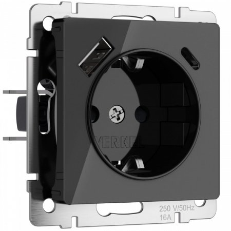 WERKEL Розетка с заземлением, шторками и USB тип A+C (черный акрил) W1171748