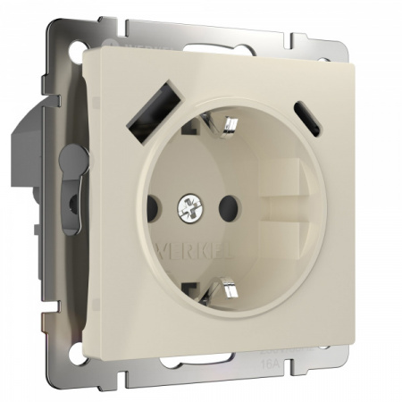 WERKEL Розетка с заземлением, шторками и USB тип A+C (слоновая кость) W1171703