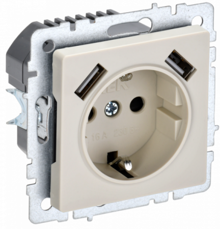 IEK BRITE BASE Бежевый Розетка с з/к/ш 16А с USB A+A 3,1А РЮш10-2-БрКр